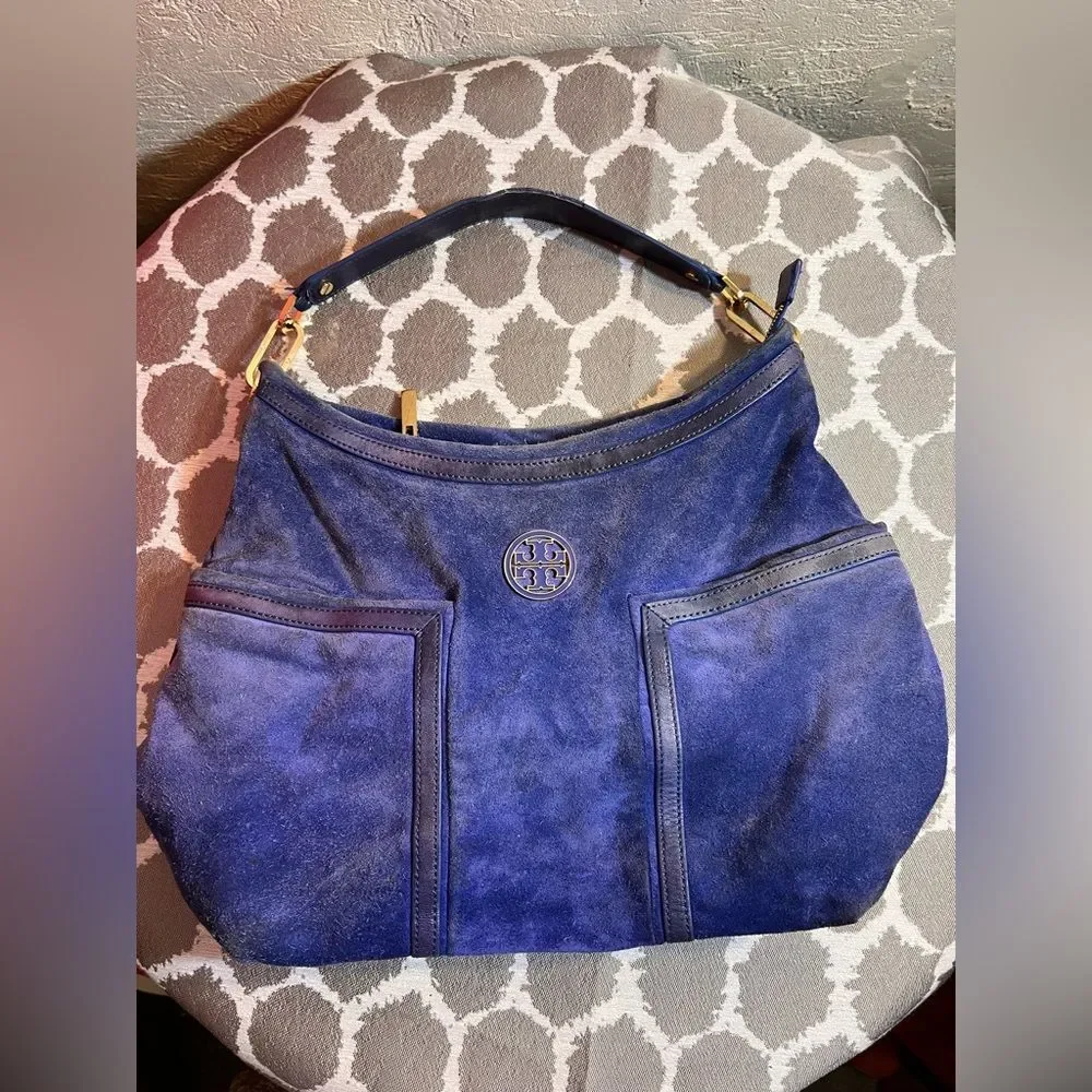 Tory Burch Suede Blue Hobo Bag leather trim gold tone hardware zip top classic